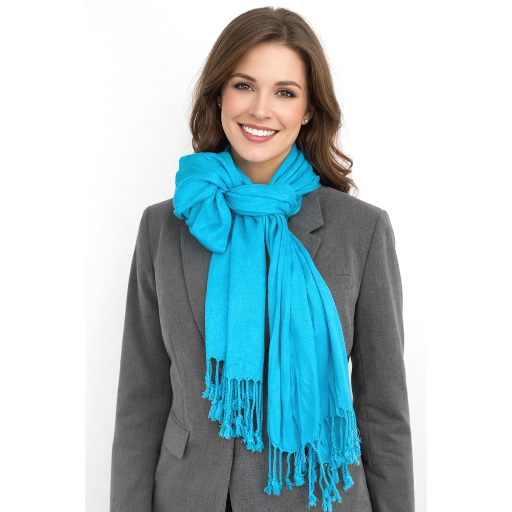 JONES NEW YORK Turquoise Blue Rayon Scarf Shawl Wrap Fringe Tassel Boho 98-29